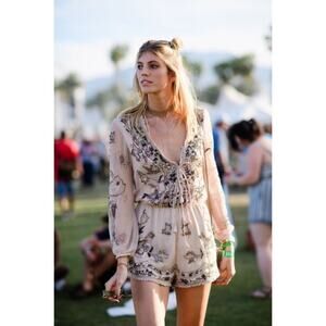 Ranna Gill Womens Beaded Romper Size 6 Coachella Festival Boho Champagne Cream